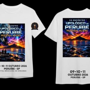 CAMISA OFICIAL XX ENCONTRO UFOLÓGICO DE PERUÍBE Branca Poliéster